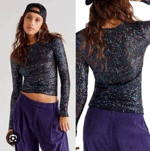 Free People Gold Rush Long Sleeve Sequin Top In Black Combo NWT